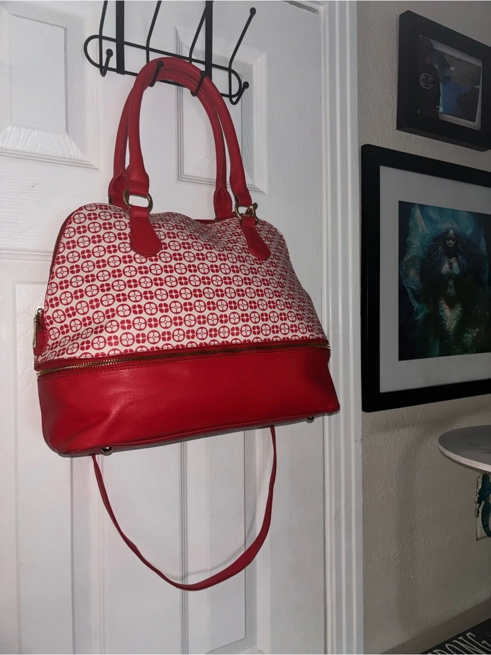 IMAN Red and White Patterned Shoulder Satchel